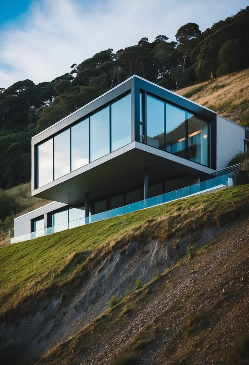 A sleek modern house with glass walls perched on a steep slope