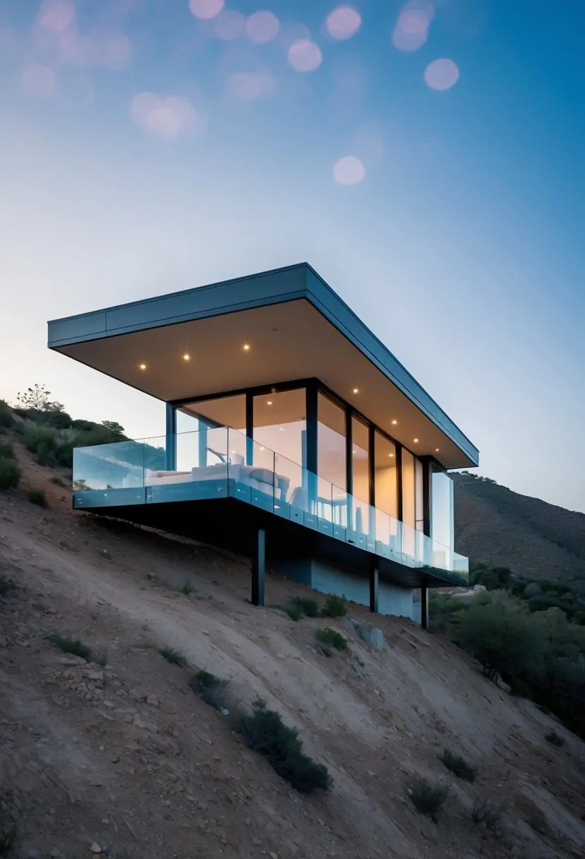 A sleek, modern house with a cantilevered deck perched on a steep slope. Glass walls offer unobstructed views of the surrounding landscape