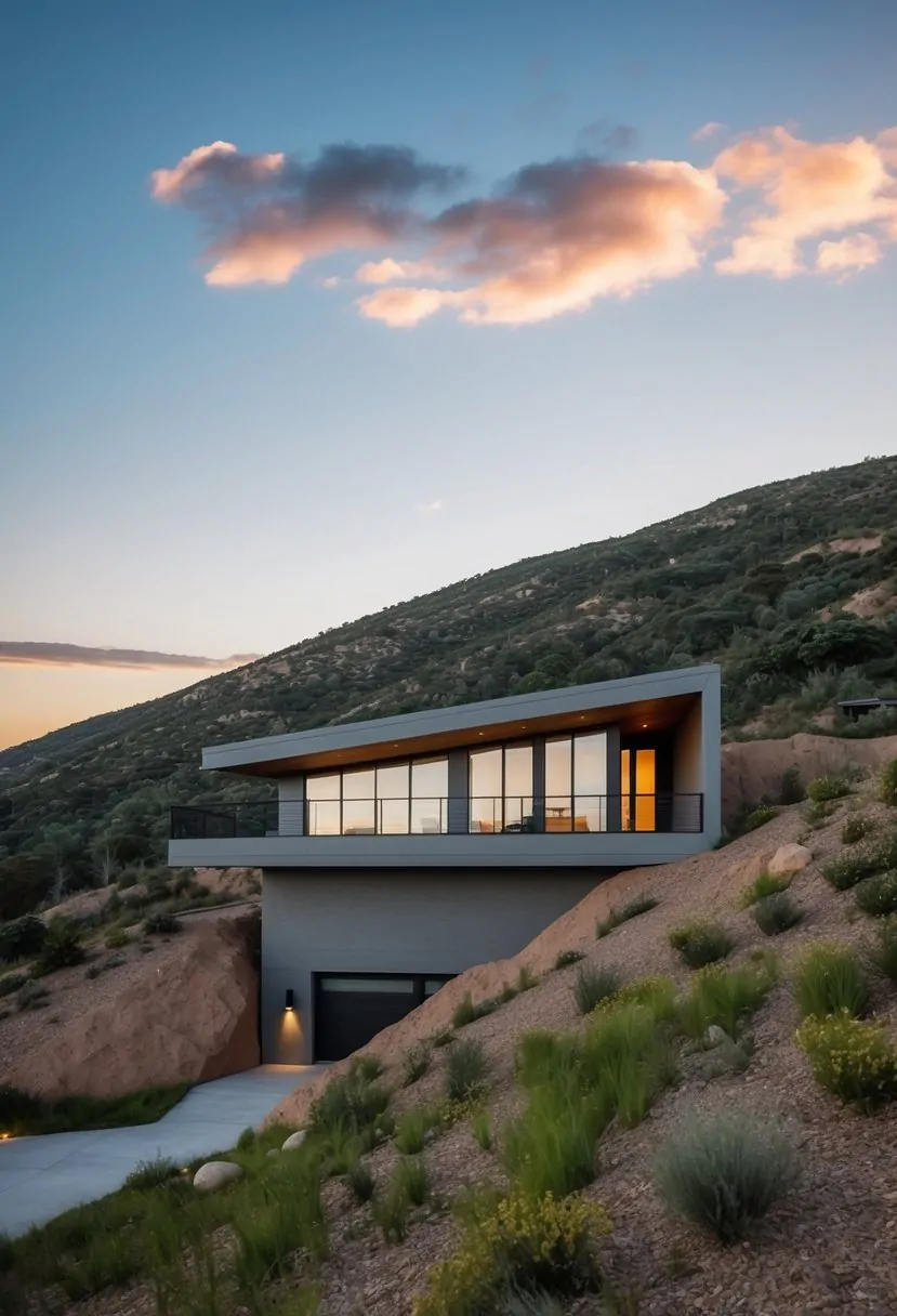 A modern house with earth-sheltered design built into a sloping landscape