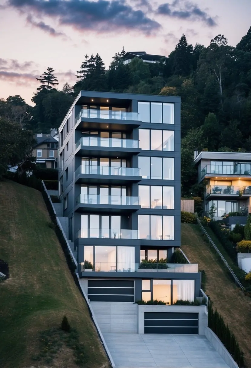 A sleek split-level modern house perched on a steep slope, with at least 15 floors rising into the sky