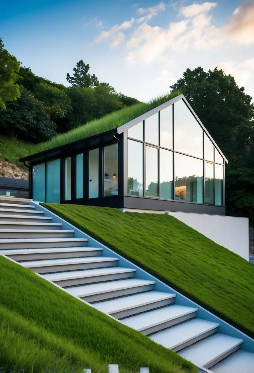 A modern house with a green roof integrated into a sloping landscape