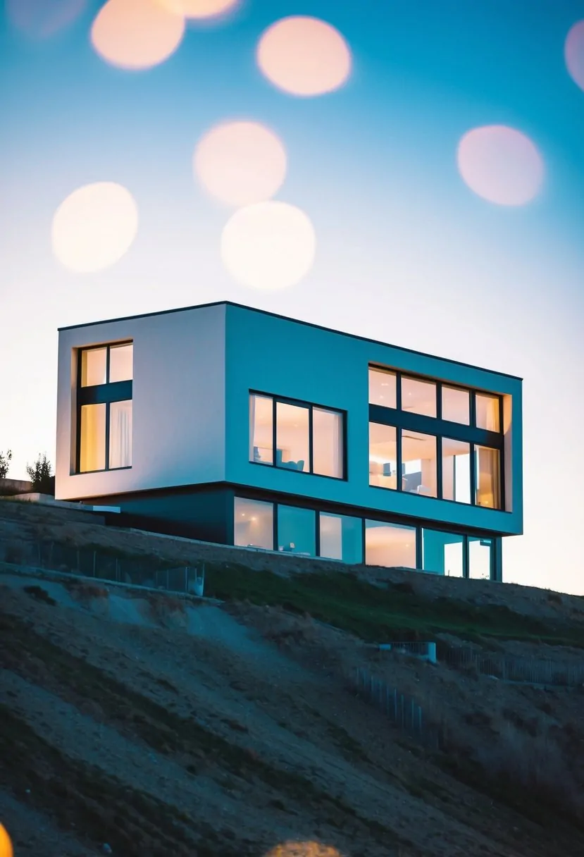 A sleek, modern house with large windows perched on a sloping hillside
