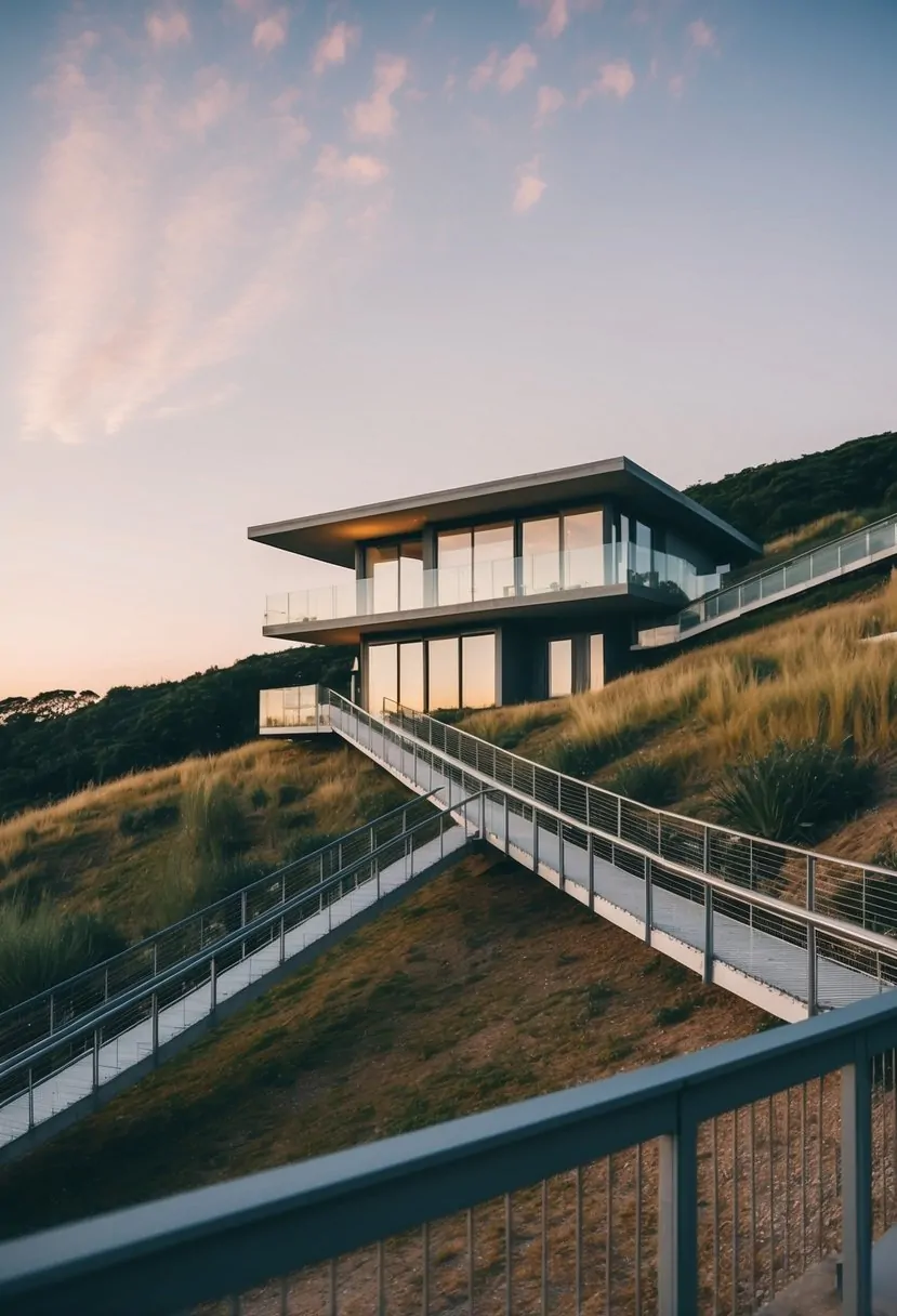 A modern house on a sloped landscape with suspended walkways