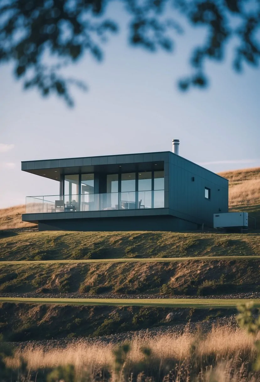 A sleek modern house on a sloping hill with a geothermal heating system visible in the background
