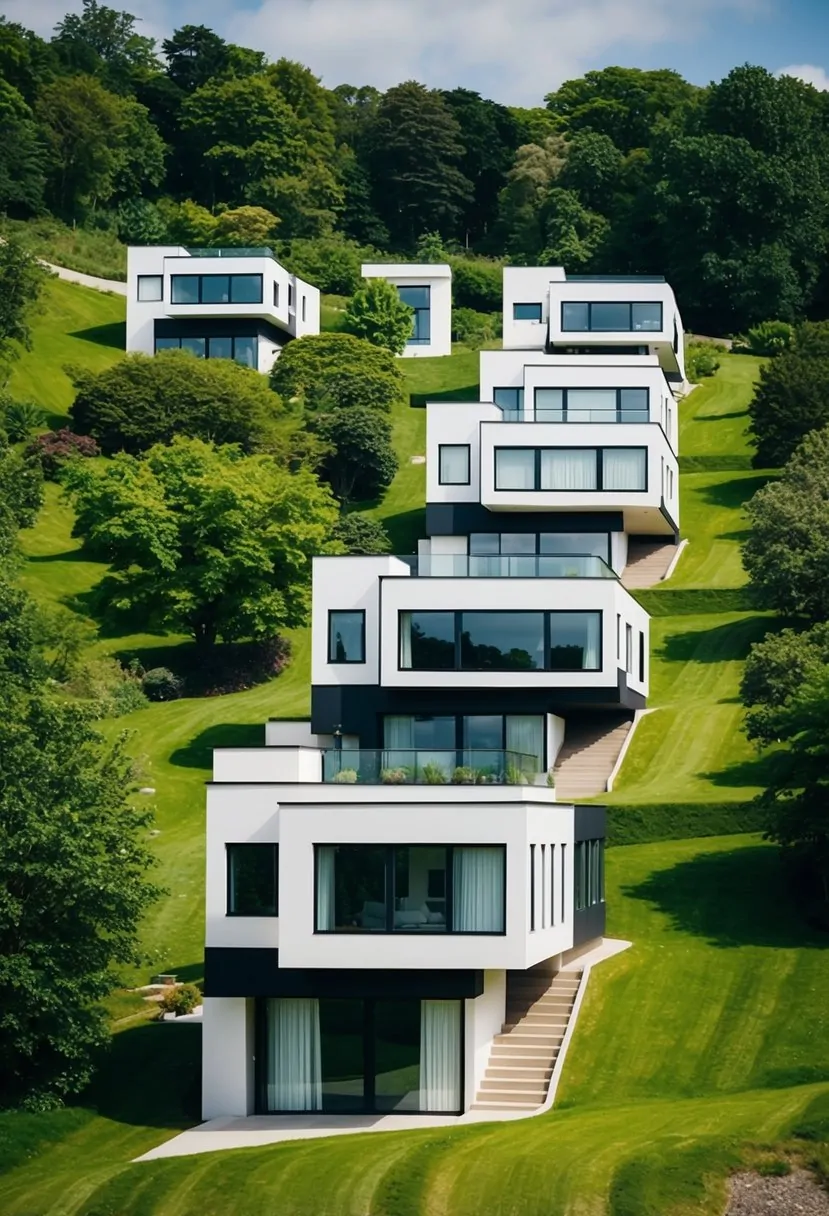 A row of 7 unique, modern sloped block houses nestled in a lush, green landscape with large windows and clean lines