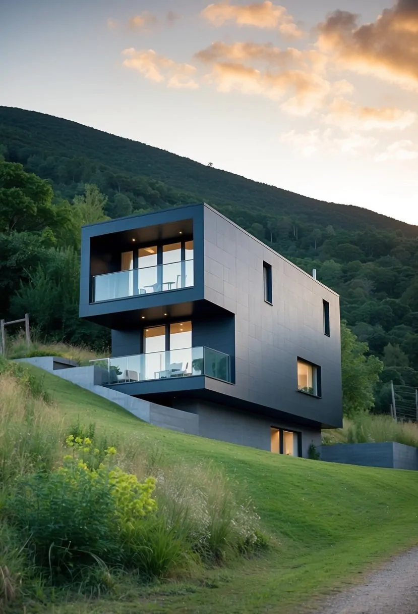 A modern sloped block house with cantilevered design, nestled in a scenic natural setting
