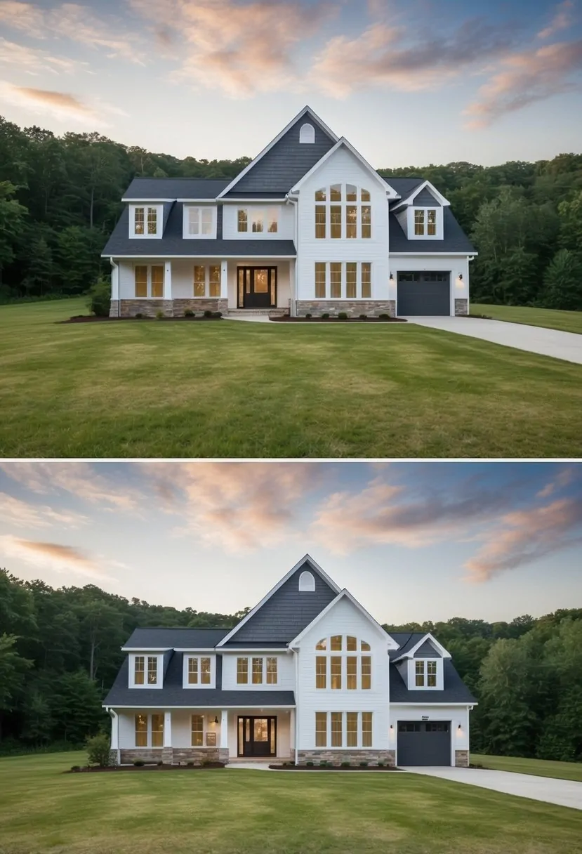 A split-level house with sloped roofs and large windows nestled in a wooded landscape