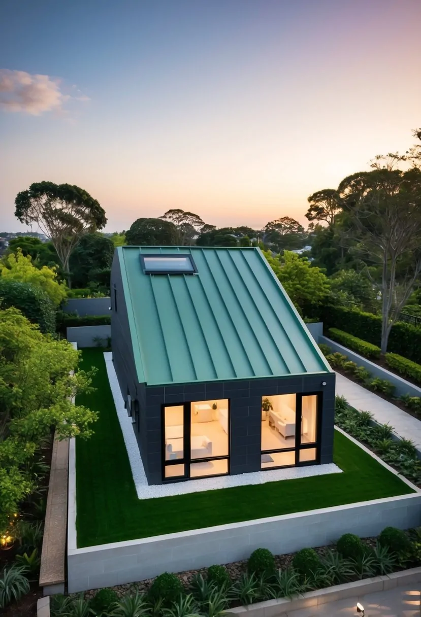 A modern, sloped block house with integrated green roofs and large windows, surrounded by lush landscaping and trees