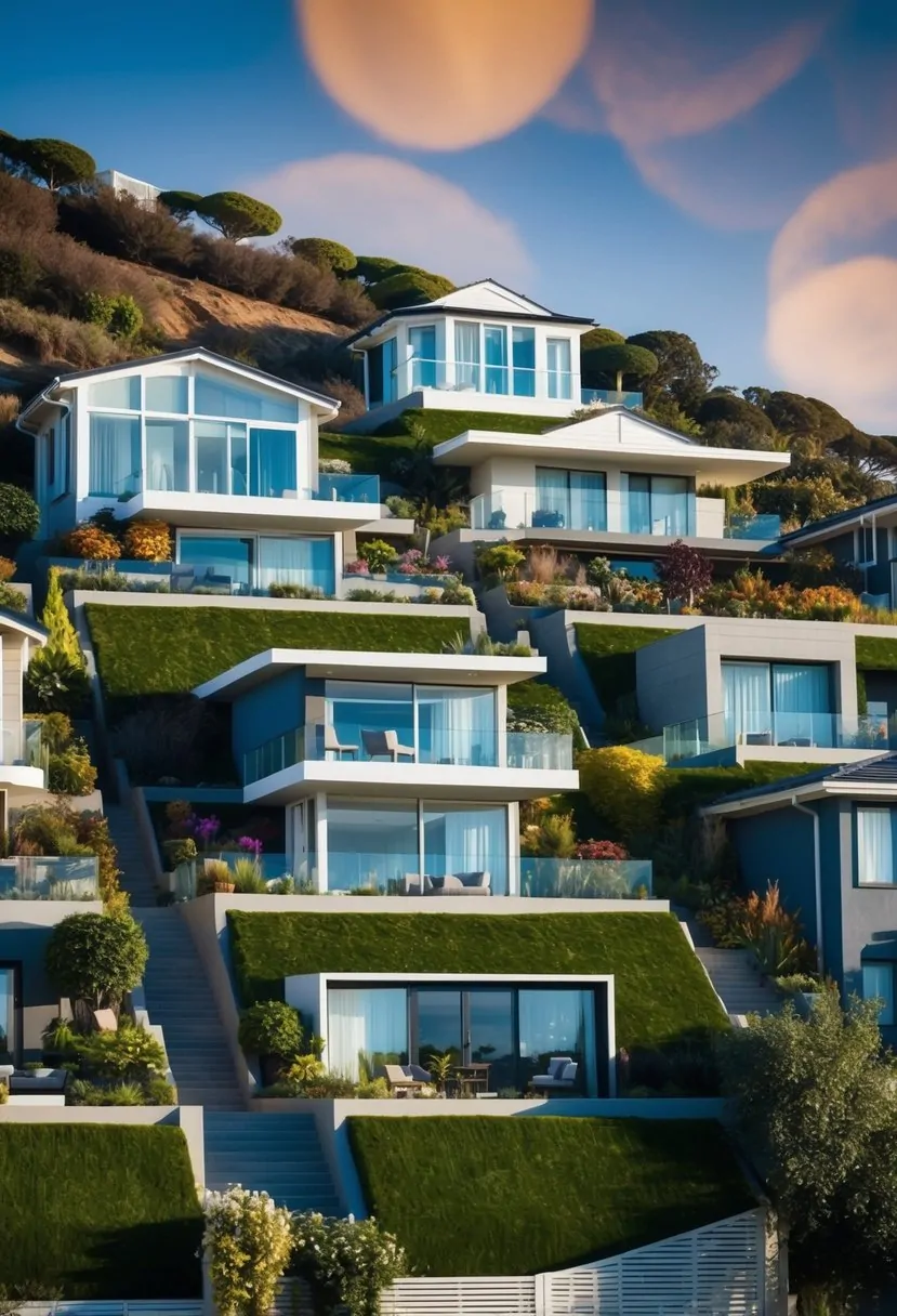 A sloped block with terraced landscaping, featuring seven different house designs nestled into the hillside