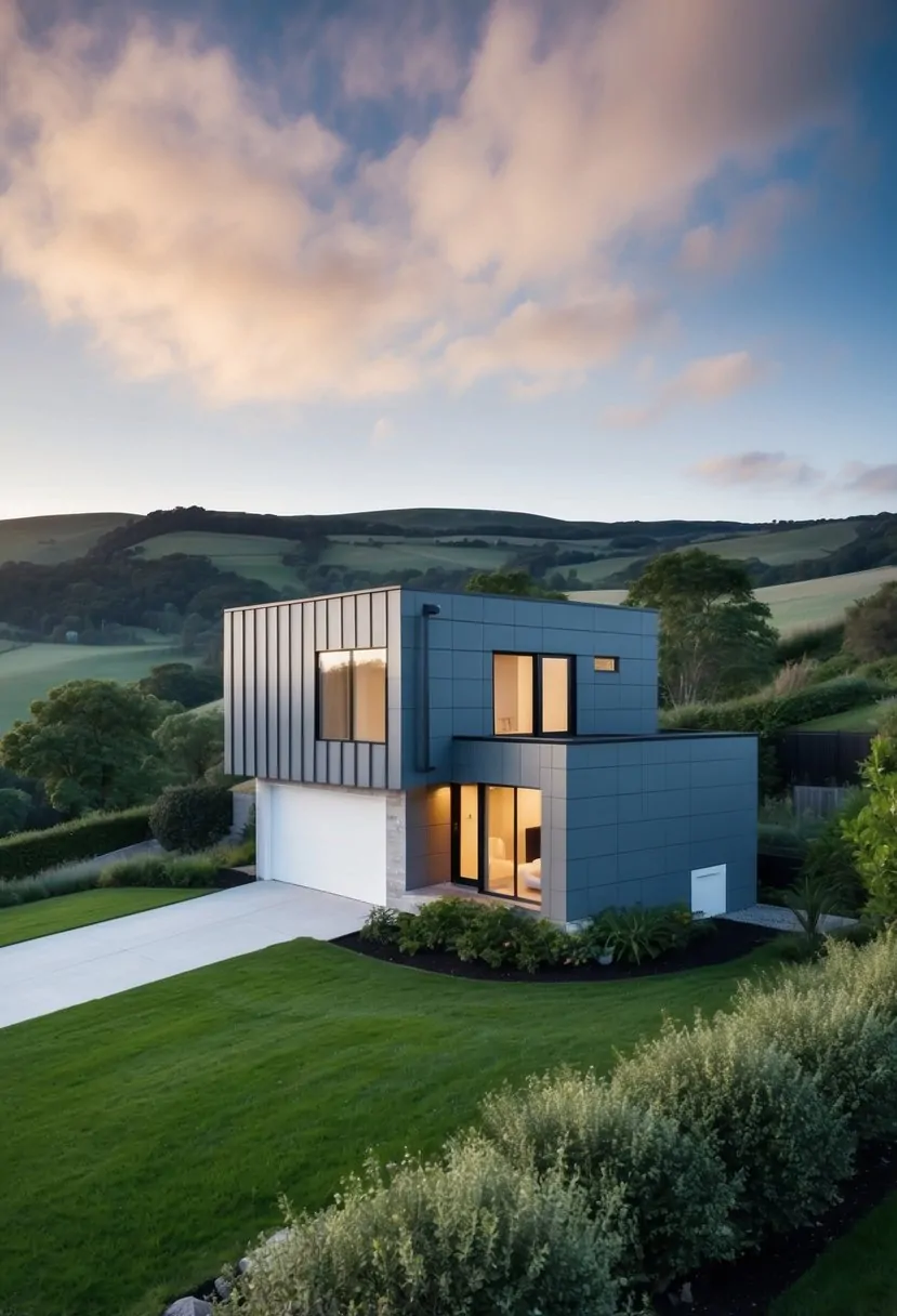 A modern sloped block house with glass facade techniques, surrounded by lush greenery and set against a backdrop of rolling hills