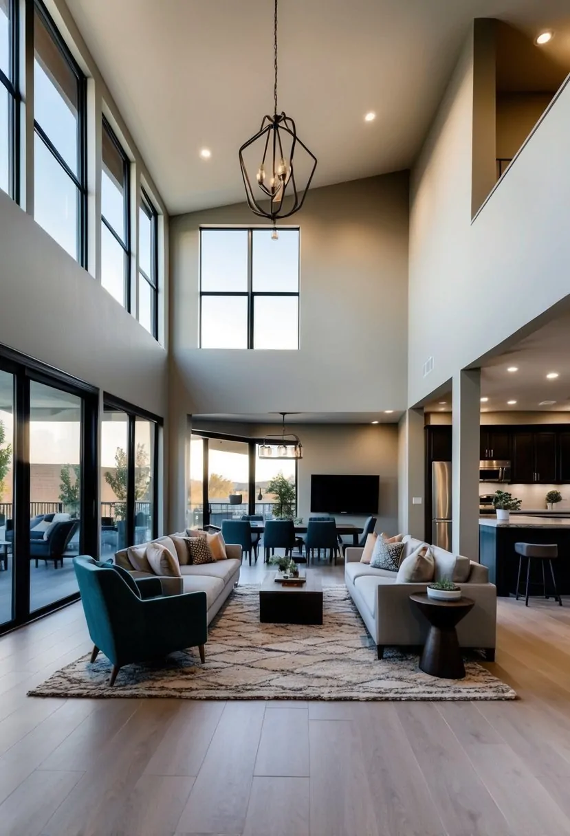 A spacious living area with high ceilings, large windows, and natural light. The open-concept design seamlessly connects the kitchen, dining, and lounge areas