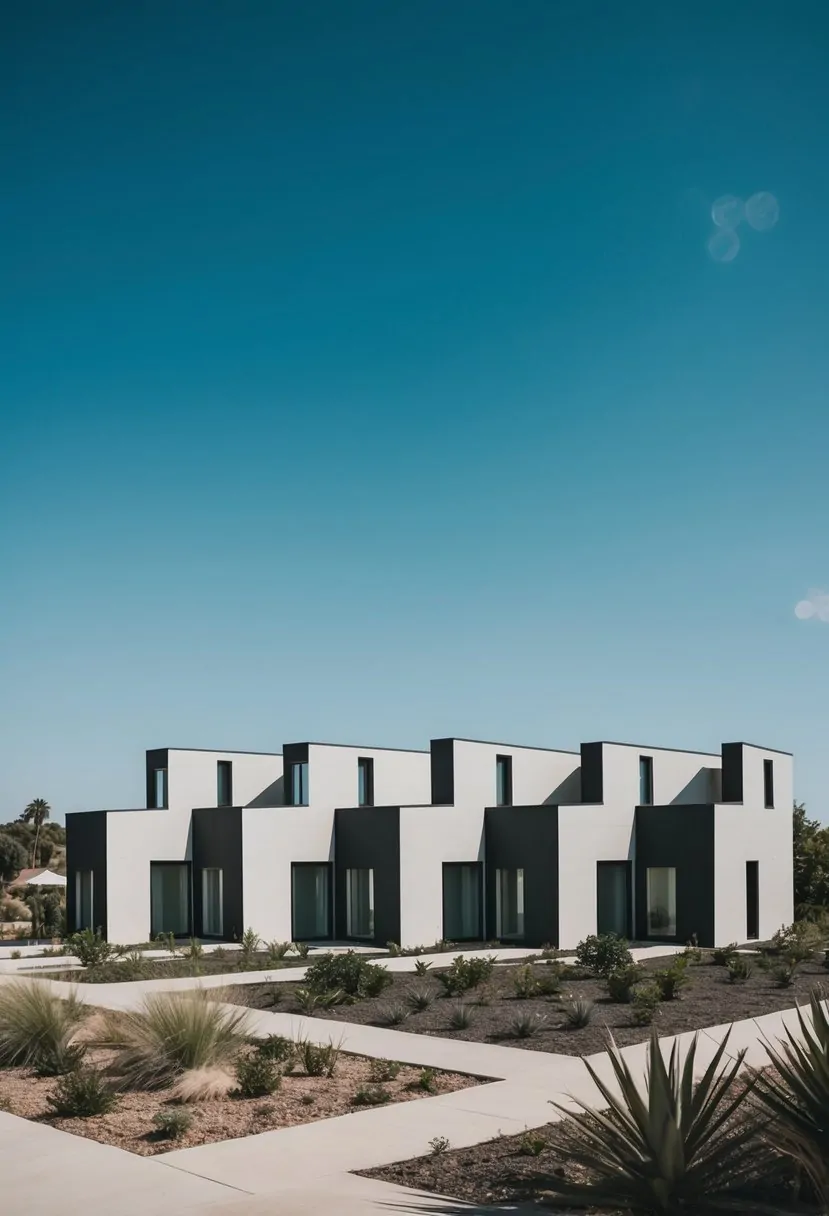 A series of 7 sloped block houses in a minimalist aesthetic, surrounded by natural landscaping and set against a clear blue sky