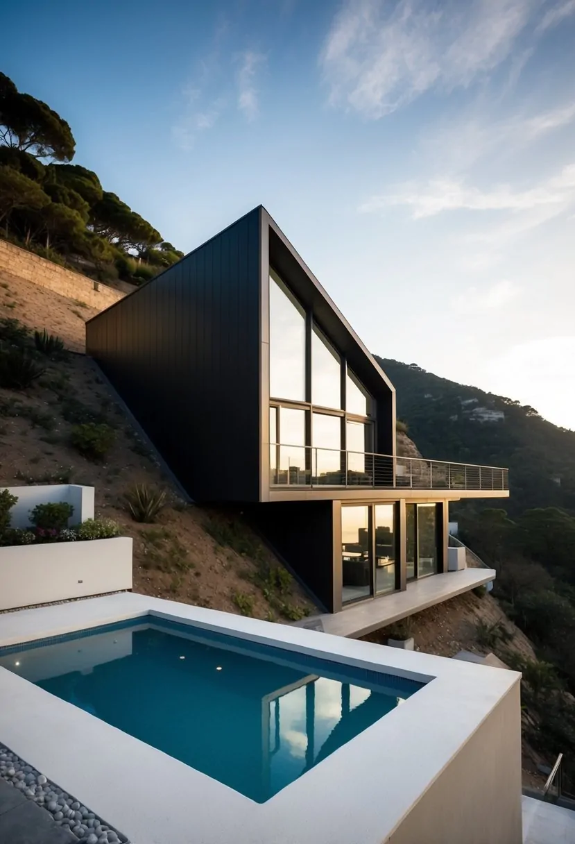 A modern, angular house built into a sloped hillside with large windows and a spacious outdoor terrace