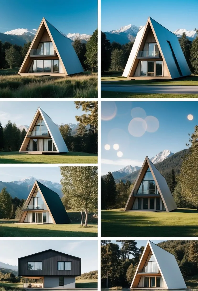 7 Upward Slope House Design Ideas for Stunning Home Elevations 1 A series of 7 unique upward-sloping house designs nestled in a scenic landscape with trees, mountains, and a clear blue sky