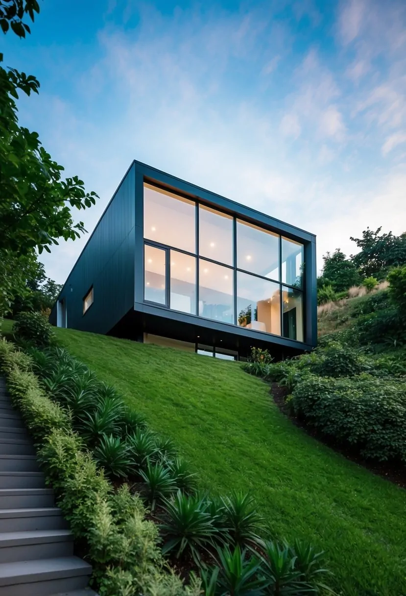 7 Upward Slope House Design Ideas for Stunning Home Elevations 8 A modern house with a glass façade set on an upward slope, surrounded by lush greenery and featuring sleek, angular design elements