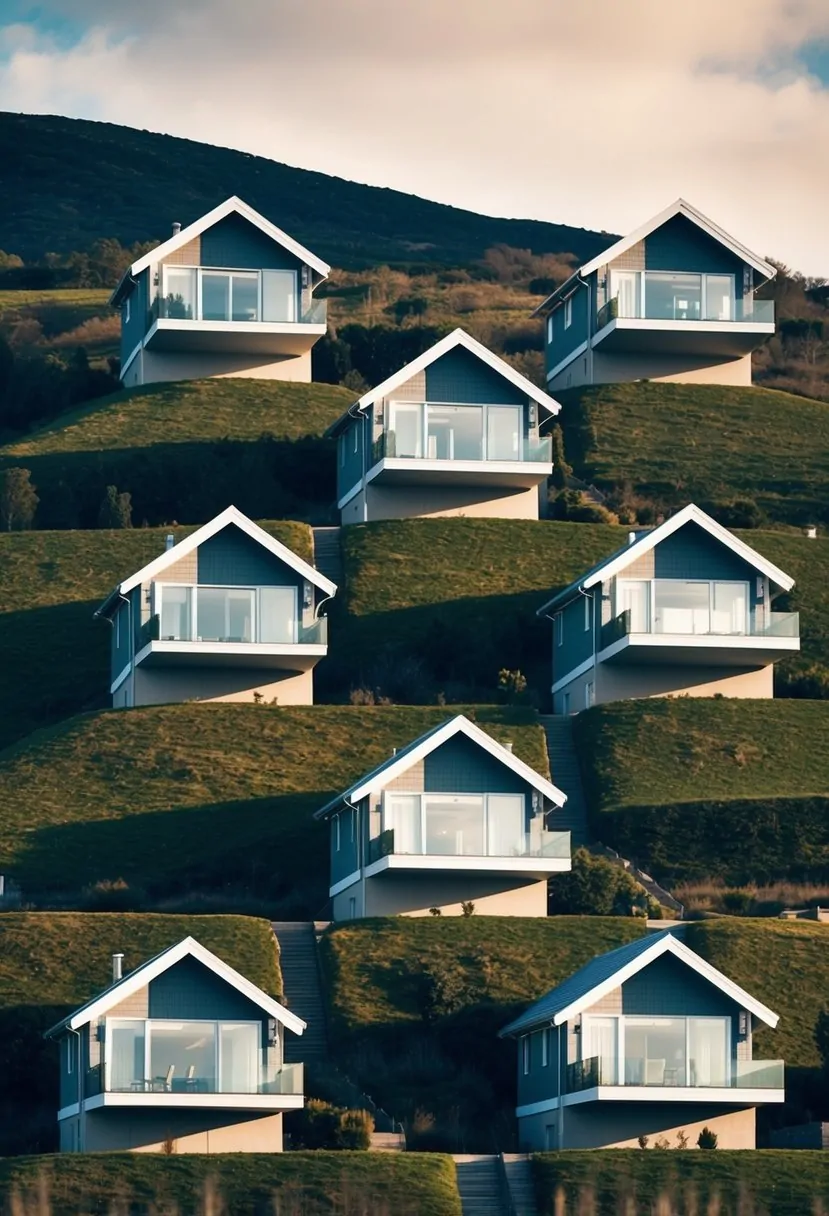 7 Upward Slope House Design Ideas for Stunning Home Elevations 9 A series of seven upward slope house designs, each showcasing different design principles, nestled into a picturesque hillside landscape