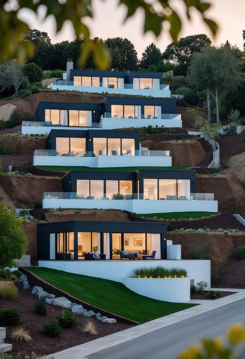 A sloped lot with 7 house plans, each designed to fit the unique topography, featuring terraced levels and creative landscaping solutions
