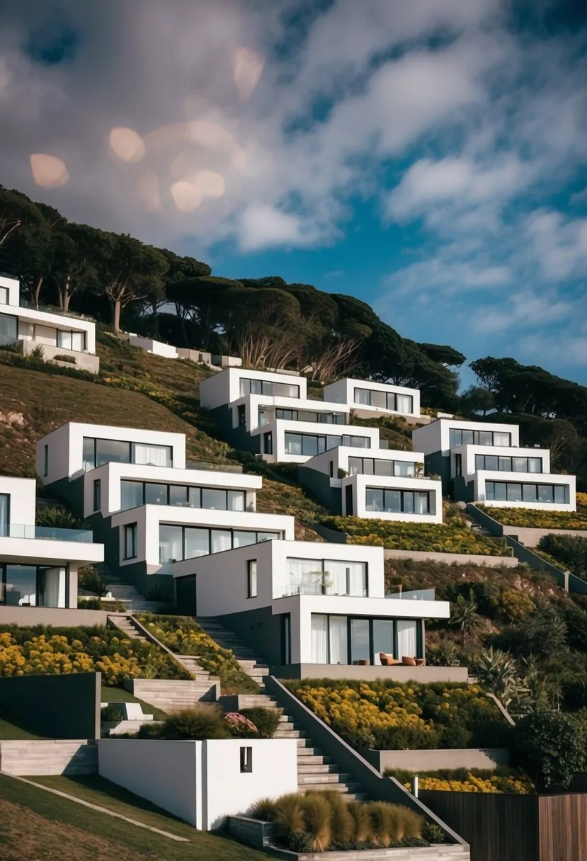 A cluster of modern houses nestled on a sloped landscape, with terraced gardens and unique architectural designs