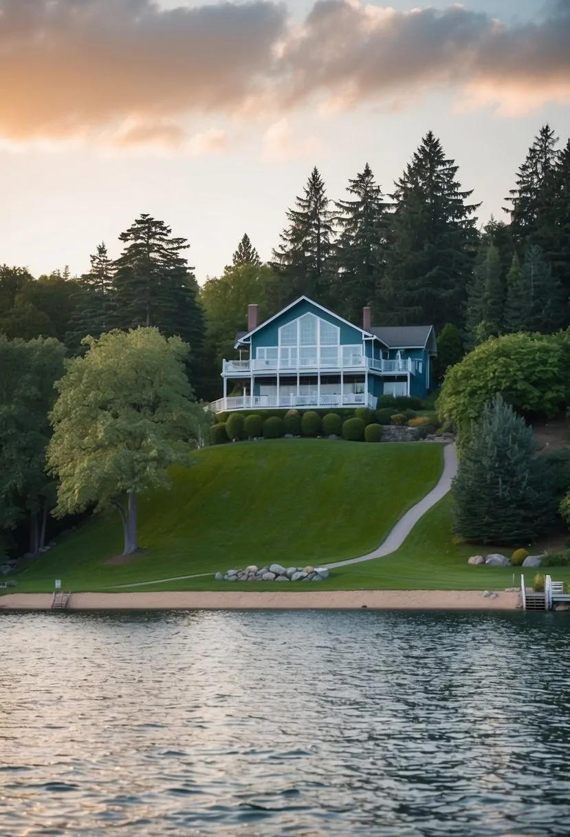 A lake house perched on a sloping lot, surrounded by lush trees and overlooking the water