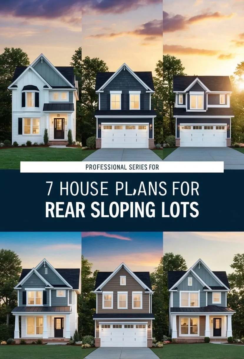 A series of seven house plans designed for rear sloping lots, featuring varying architectural styles and layouts