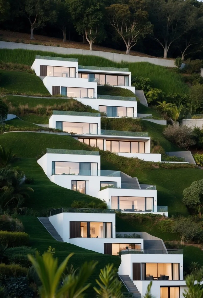A terraced hillside with 7 modern house plans, each designed for a sloped lot, nestled among lush greenery