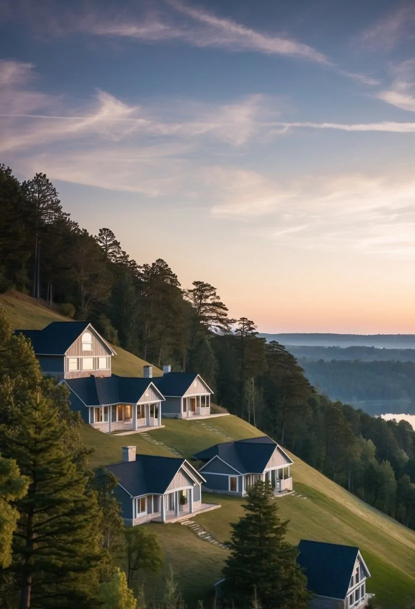 A sloped hillside with 7 house plans, nestled among trees and overlooking a tranquil landscape