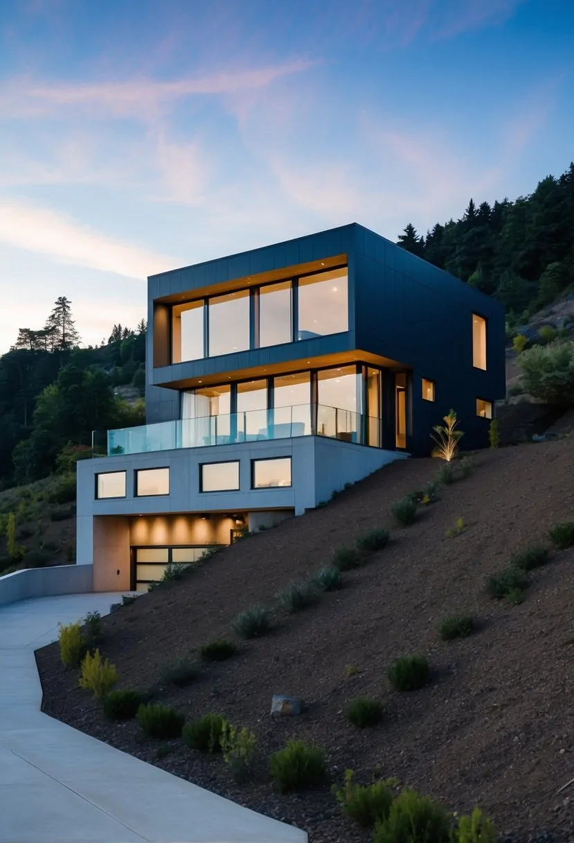 A modern house built into a sloped lot, with multiple levels and large windows offering views of the surrounding natural landscape