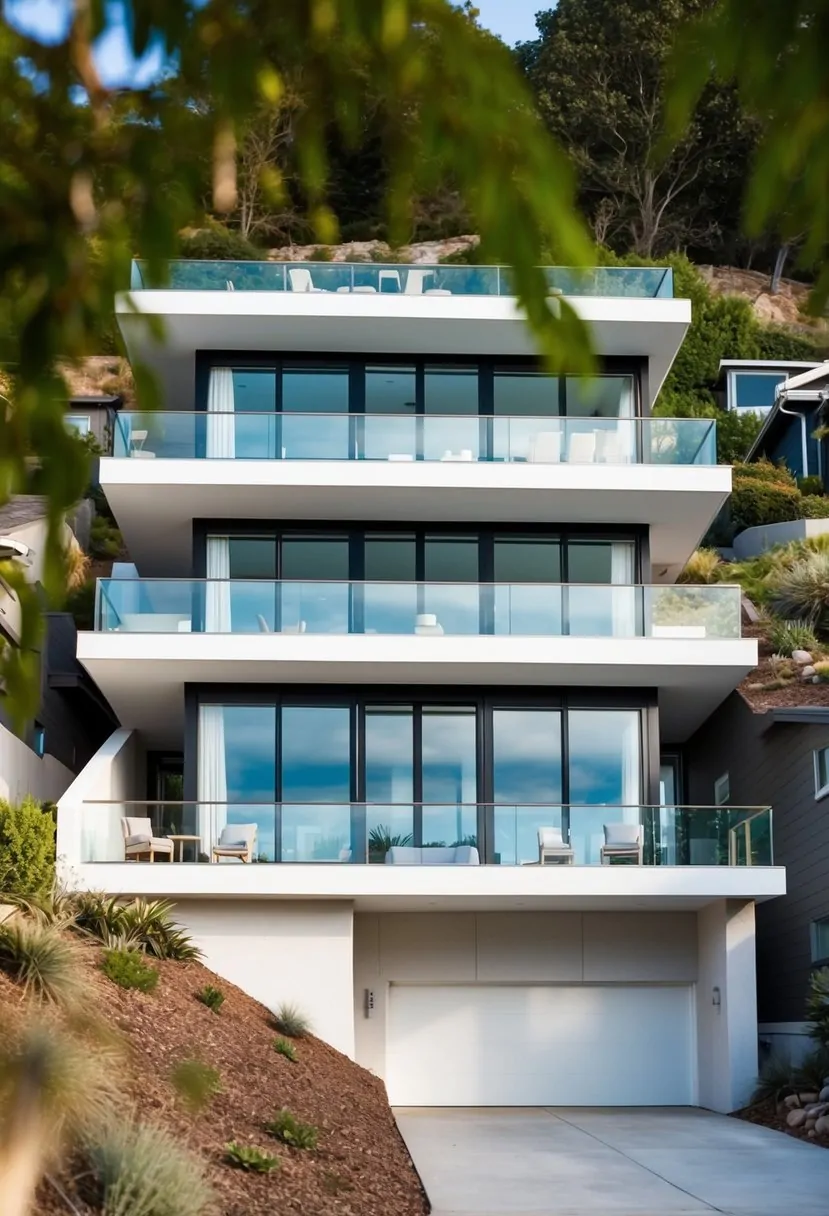 A modern house built into a sloped lot, with multiple levels and expansive windows to take advantage of the natural surroundings