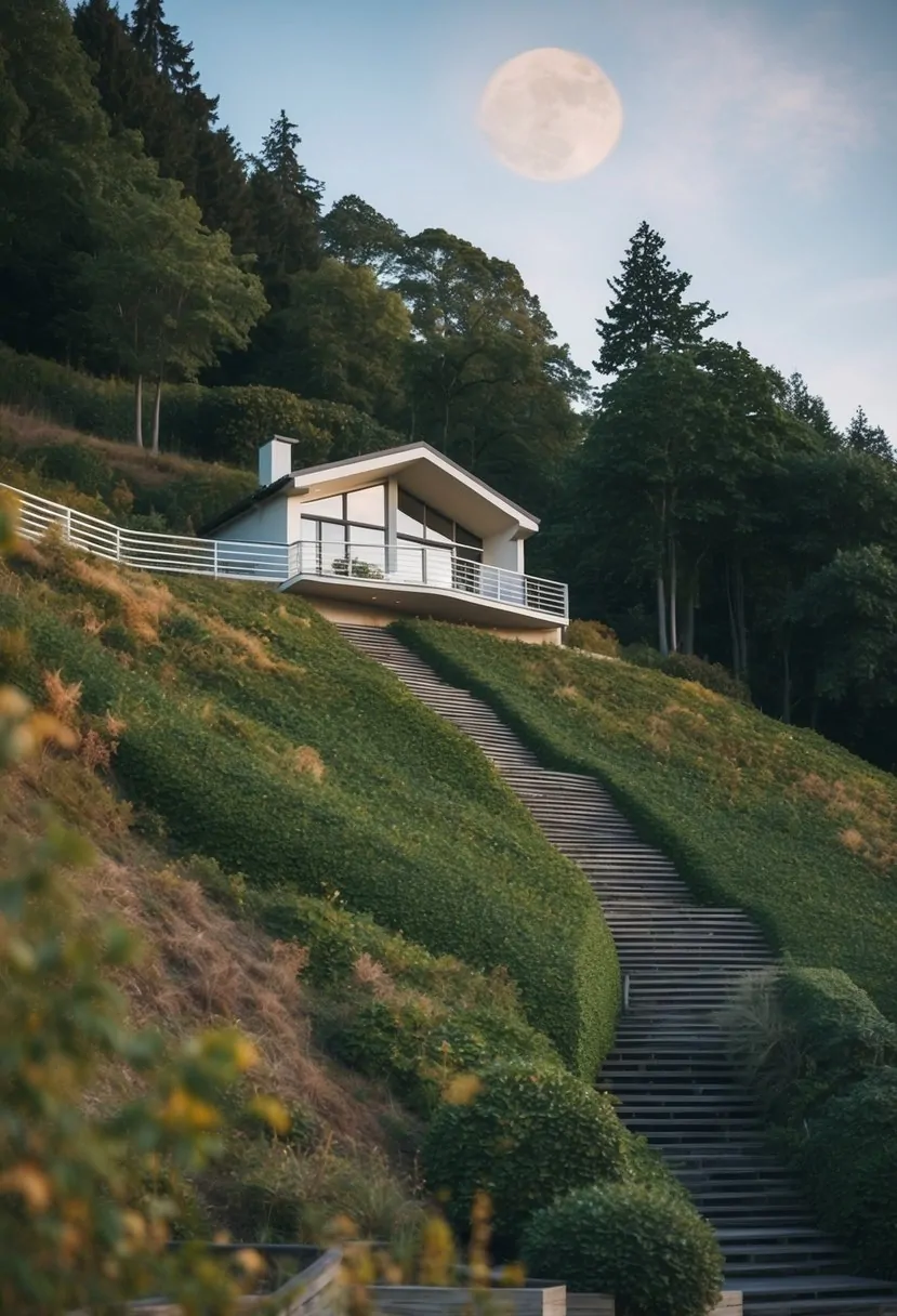 A bungalow nestled in a forested slope, with a cascading series of terraces leading down to the rear of the property