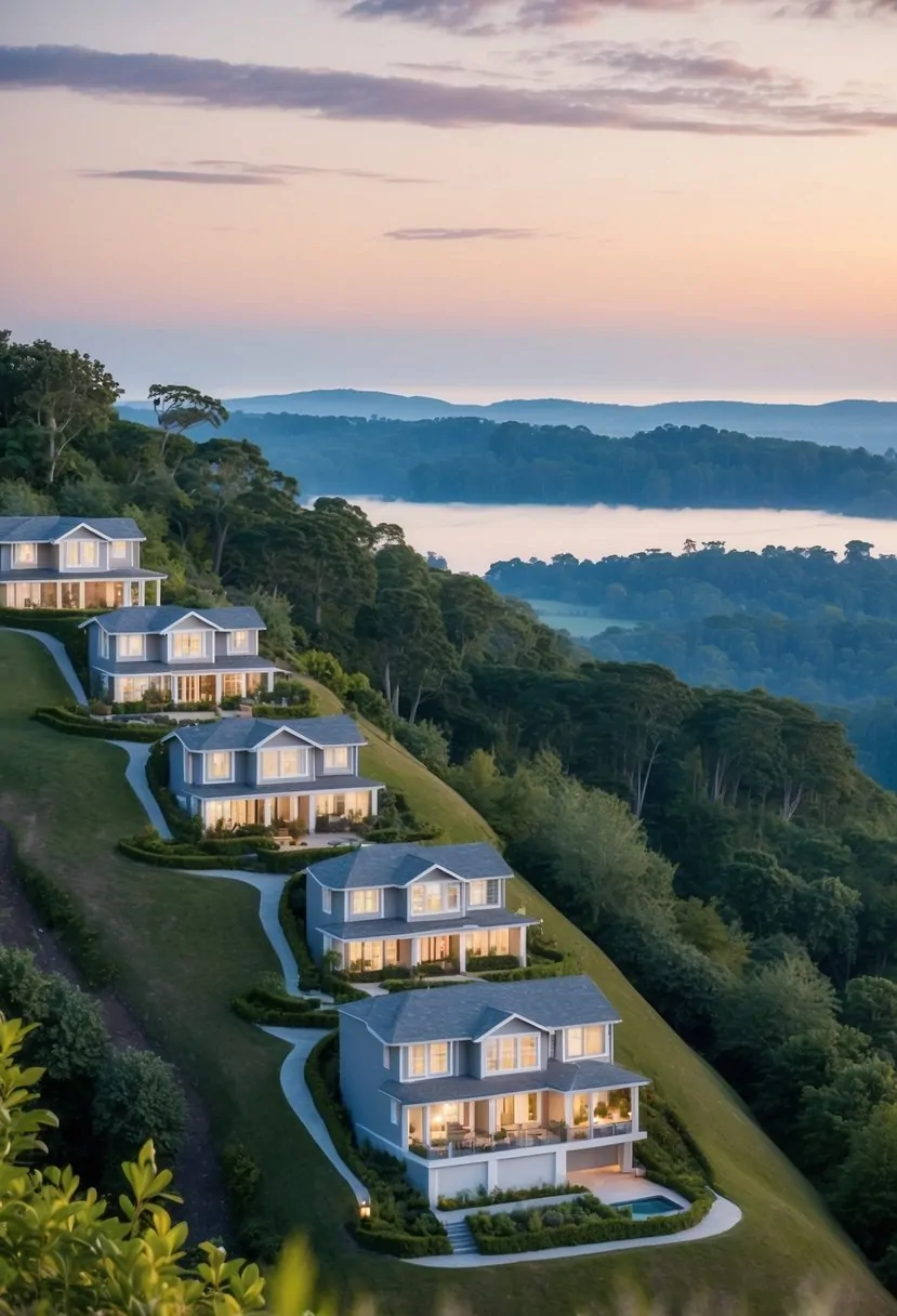 A serene hillside with 7 tiered house plans nestled into the sloped lots, surrounded by lush greenery and overlooking a tranquil landscape