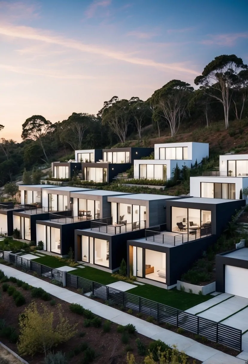 A row of 7 modern house plans built into a sloped lot, with varying levels and terraces, surrounded by trees and natural landscaping