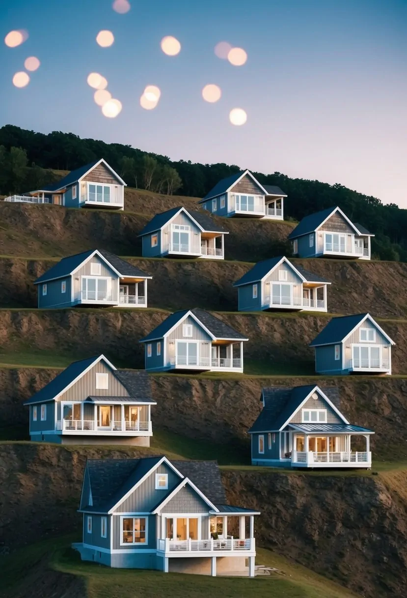 A series of 7 house plans situated on sloping terrain, featuring varied architectural styles and designs to accommodate the natural landscape