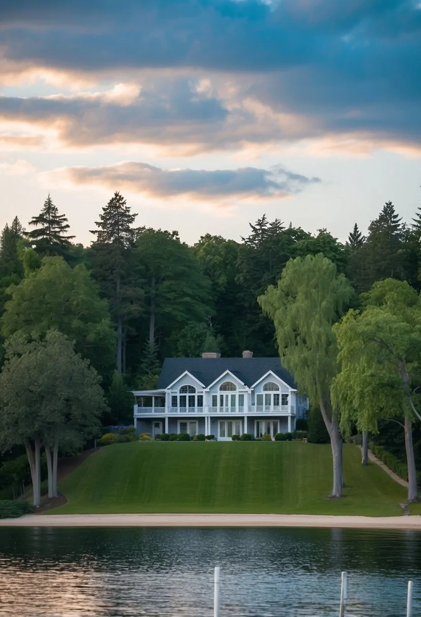 7 Lake House Plans Sloping Lot Ideas for Your Perfect Retreat 1 A lake house nestled on a sloping lot, surrounded by lush trees and overlooking the tranquil water