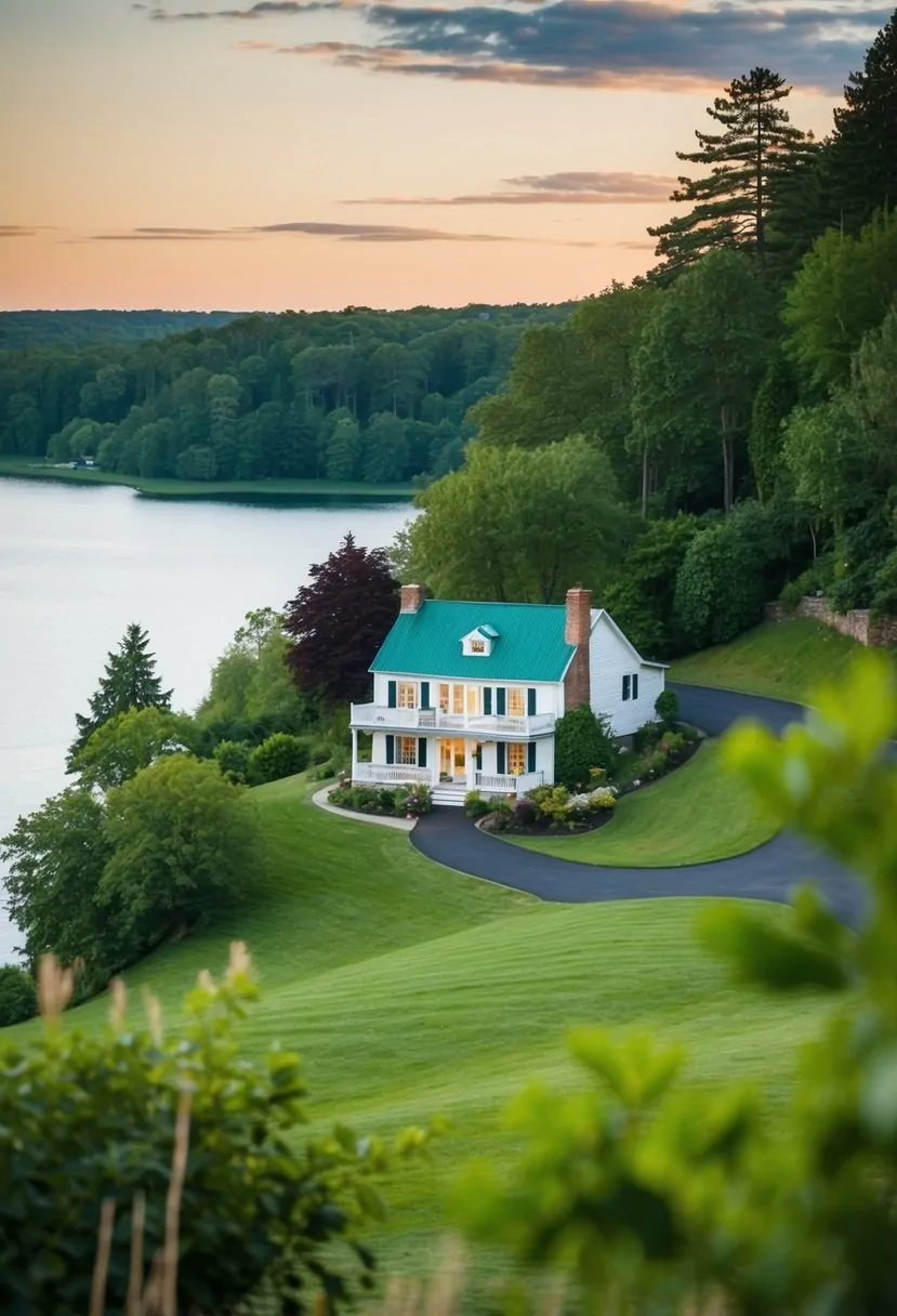 7 Lake House Plans Sloping Lot Ideas for Your Perfect Retreat 3 A terraced cottage sits perched on a sloping lot overlooking a tranquil lake, surrounded by lush greenery and a serene natural landscape