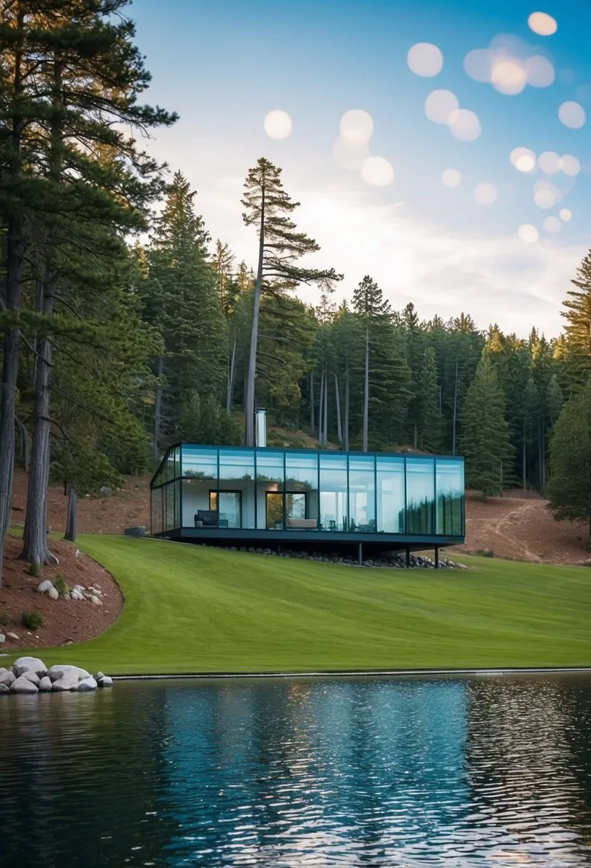 7 Lake House Plans Sloping Lot Ideas for Your Perfect Retreat 5 A sleek glass cabin nestled among seven serene lakes, surrounded by a sloping wooded lot