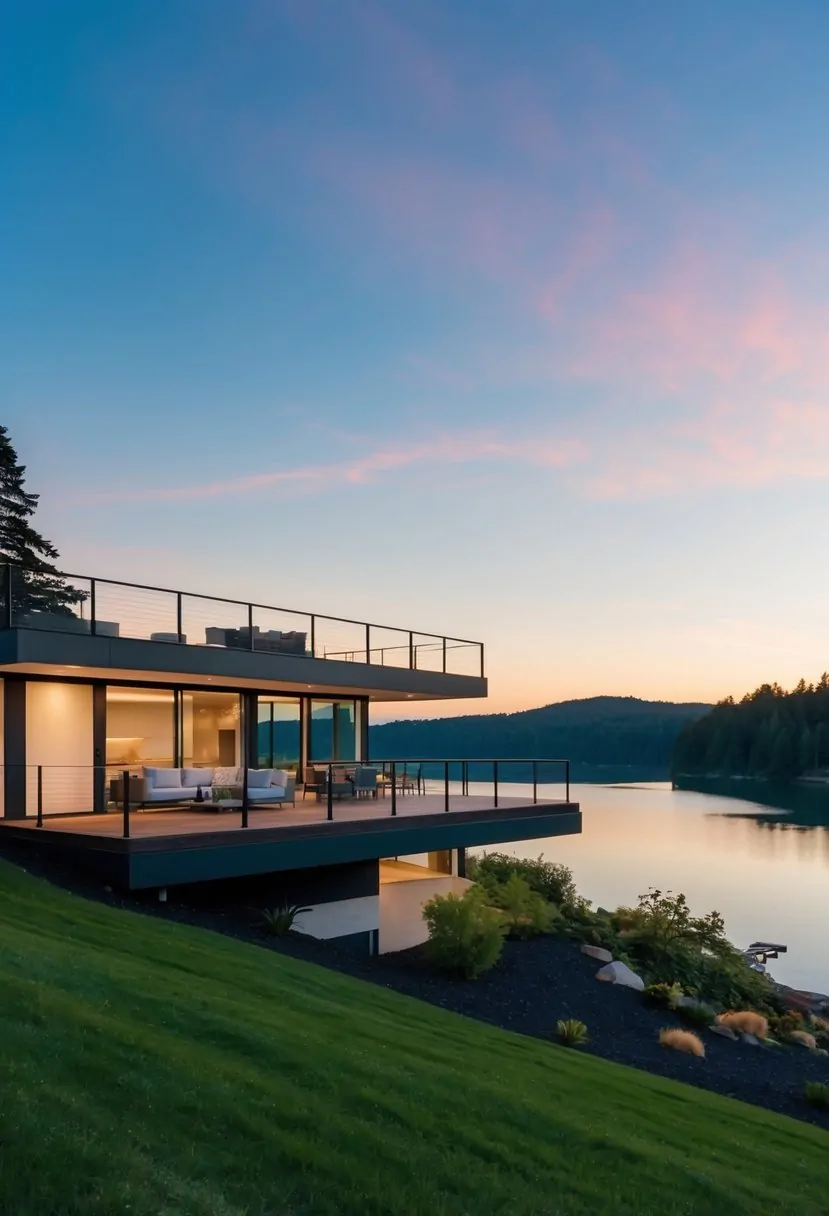 7 Lake House Plans Sloping Lot Ideas for Your Perfect Retreat 7 A modern deck residence overlooking a tranquil lake, nestled into a sloping lot with sleek, contemporary design features