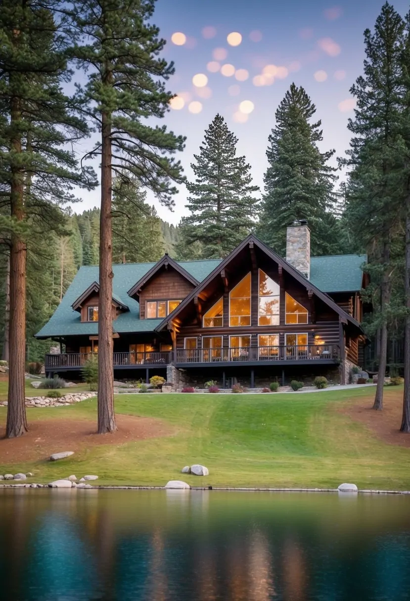 7 Lake House Plans Sloping Lot Ideas for Your Perfect Retreat 8 A secluded timber lodge nestled on a sloping lot, surrounded by tall pine trees and overlooking a tranquil lake