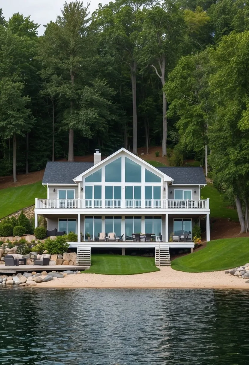 7 Lake House Plans Sloping Lot Ideas for Your Perfect Retreat 9 A lake house nestled into a sloping lot, with large windows facing the water. A spacious deck extends from the living area, blending seamlessly with the natural surroundings
