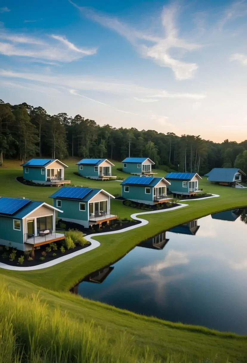 7 Lake House Plans Sloping Lot Ideas for Your Perfect Retreat 10 A serene lake surrounded by seven modern, eco-friendly houses built on a sloping lot, featuring sustainable design elements like solar panels and rainwater harvesting systems