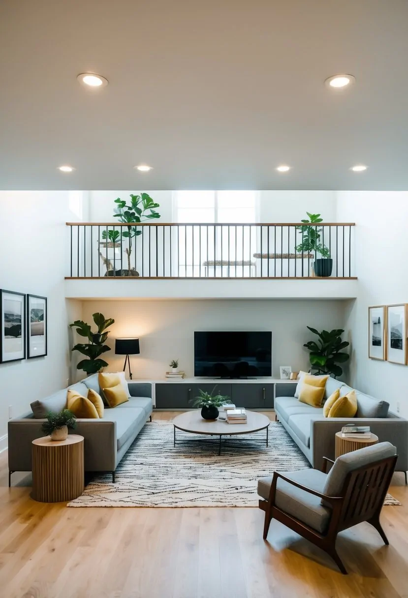 Split Level Living Room Layout: Maximizing Space and Style 6 A split-level living room with modern furniture arranged in a balanced and inviting layout