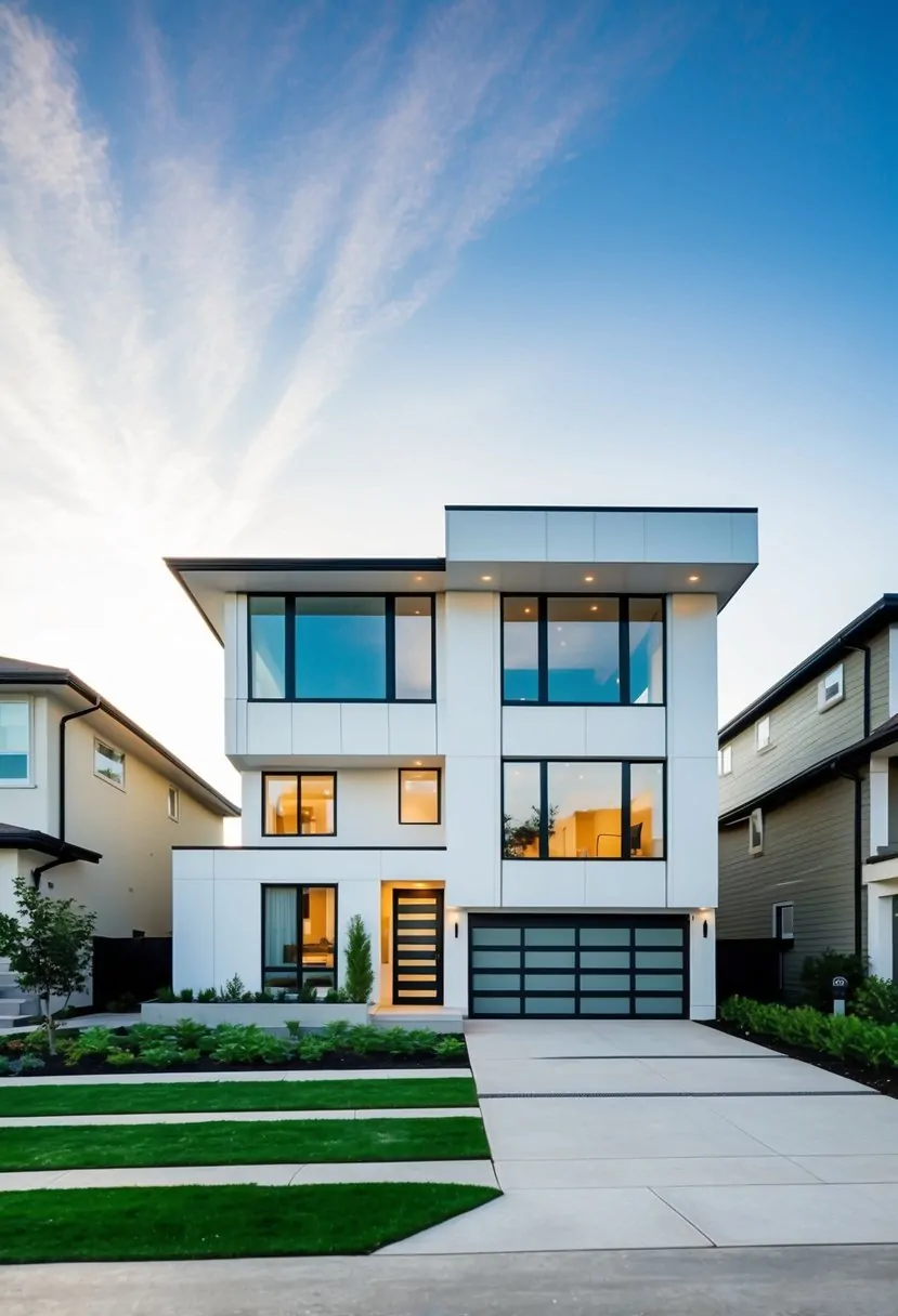 A split-level house with sleek lines, large windows, and a contemporary color scheme. The exterior features clean landscaping and modern architectural details