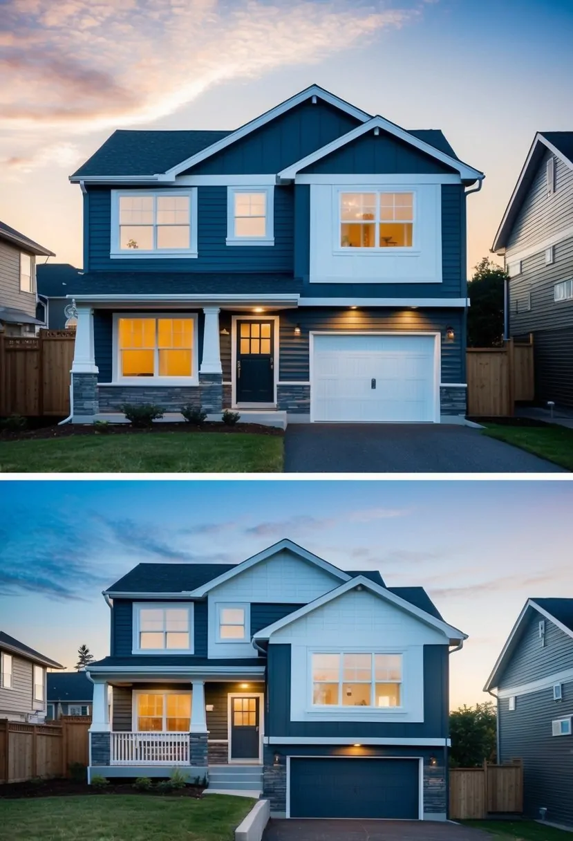 A split-level home with modernized exterior features, including updated siding, windows, and a fresh coat of paint