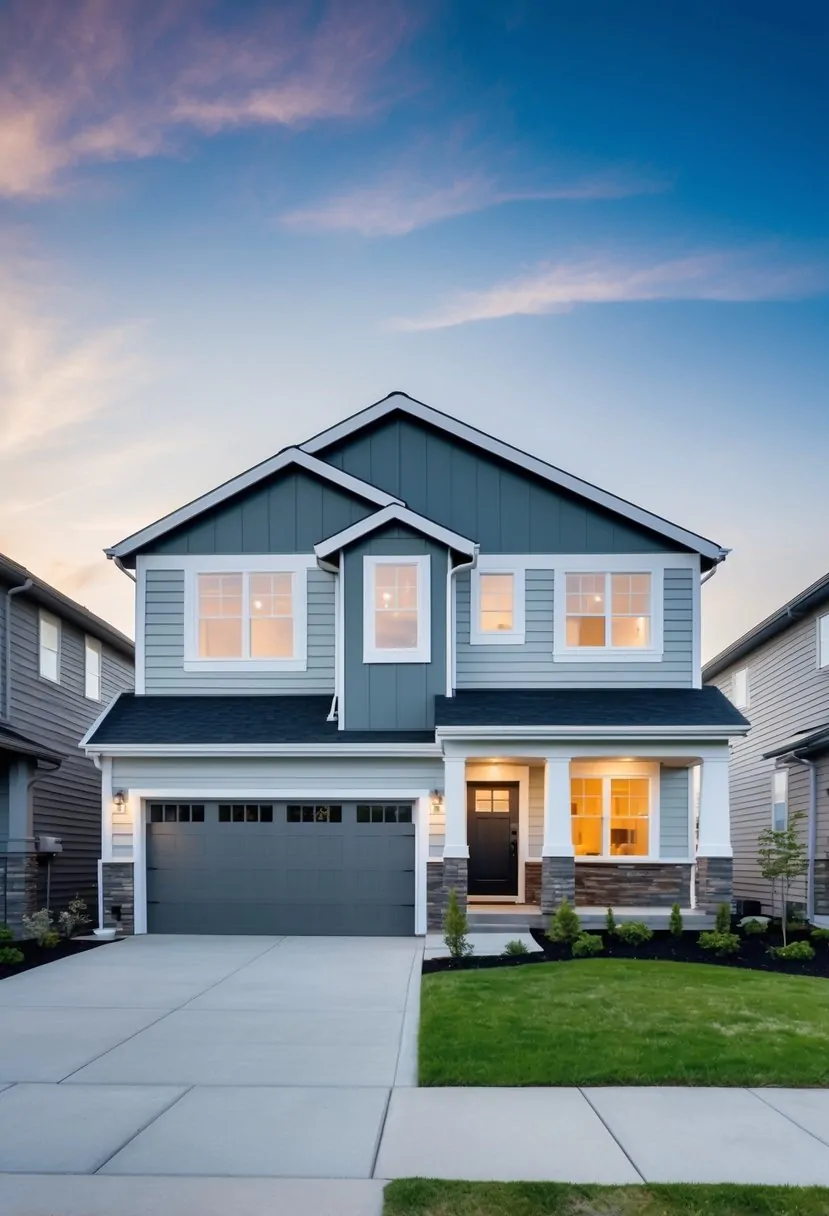A split-level home with updated exterior features: new siding, modern windows, sleek garage door, and contemporary landscaping