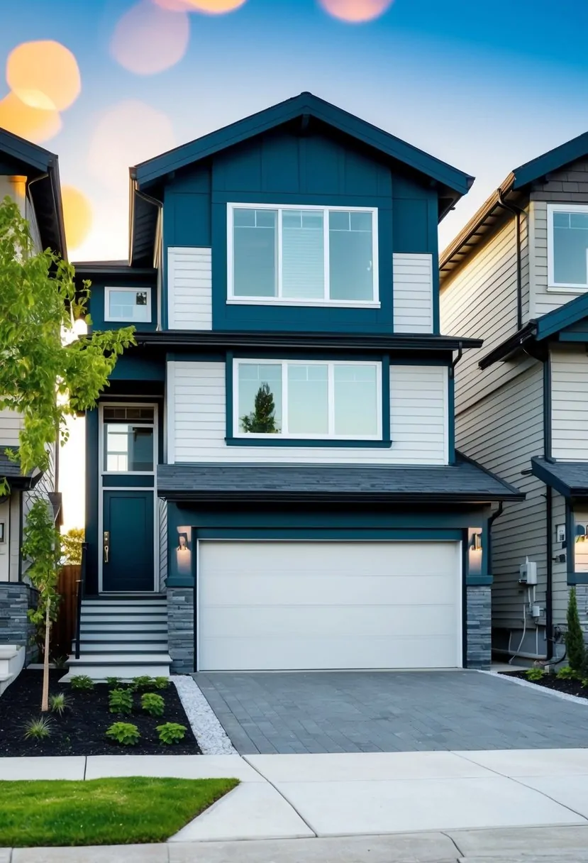 A split-level home with updated exterior features: fresh paint, modern windows, sleek garage door, and contemporary landscaping