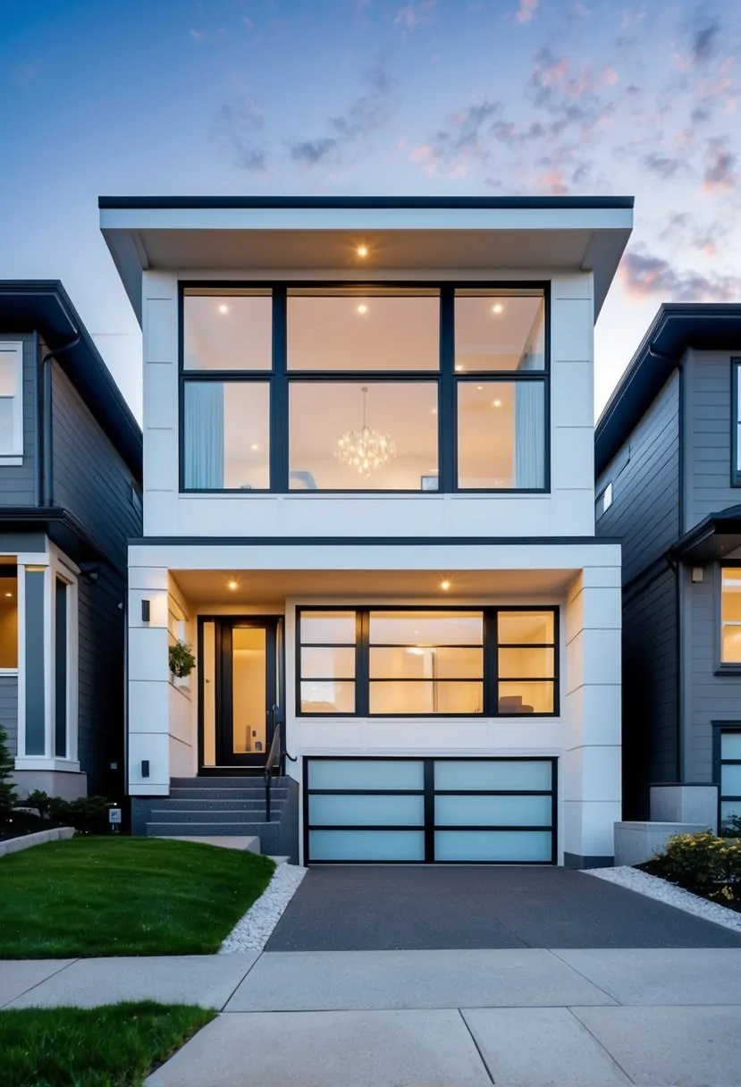 A split-level house with modernized windows, clean lines, and updated exterior finishes