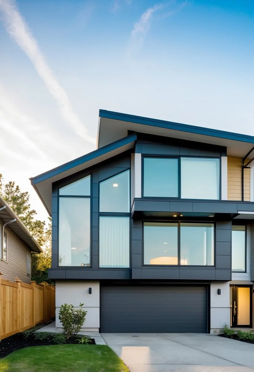 A split-level home with a newly updated, modern roof, featuring clean lines and sleek materials, giving the exterior a fresh and contemporary look