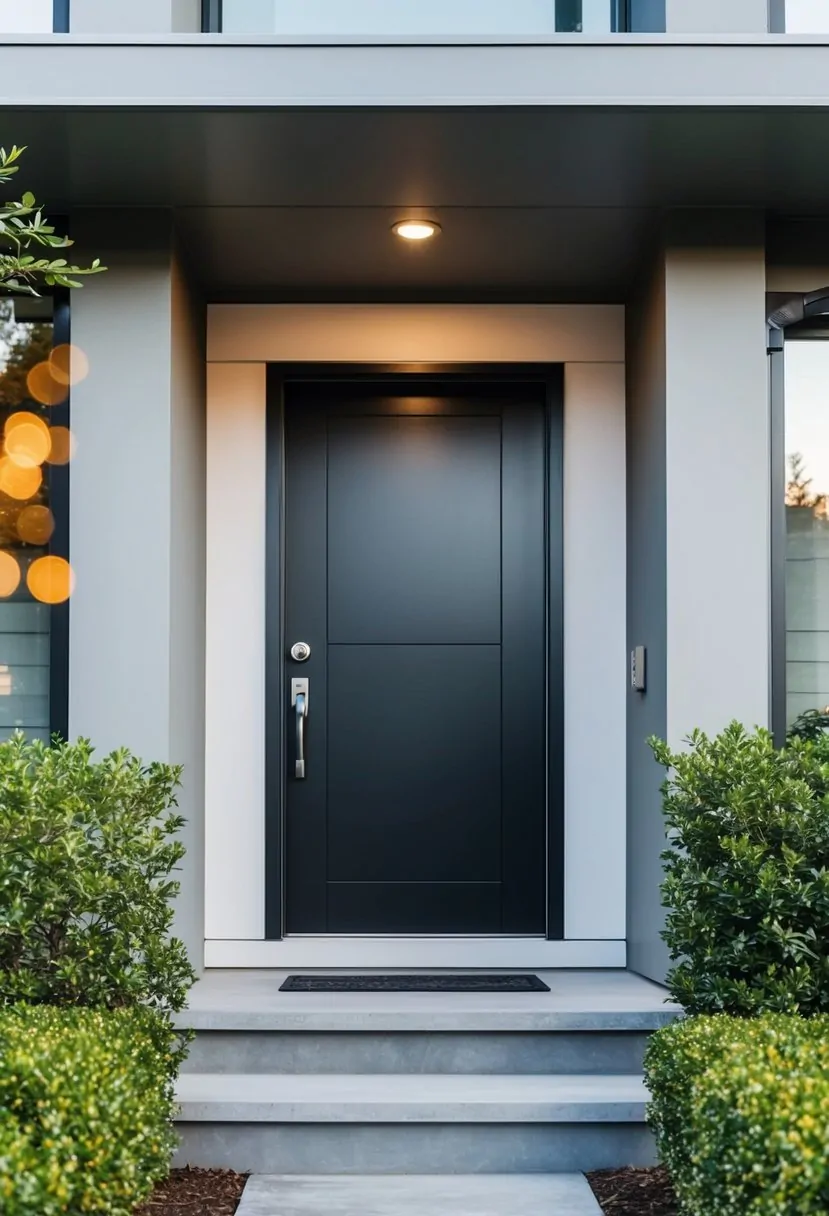 A sleek, contemporary front door adorns the updated split-level exterior