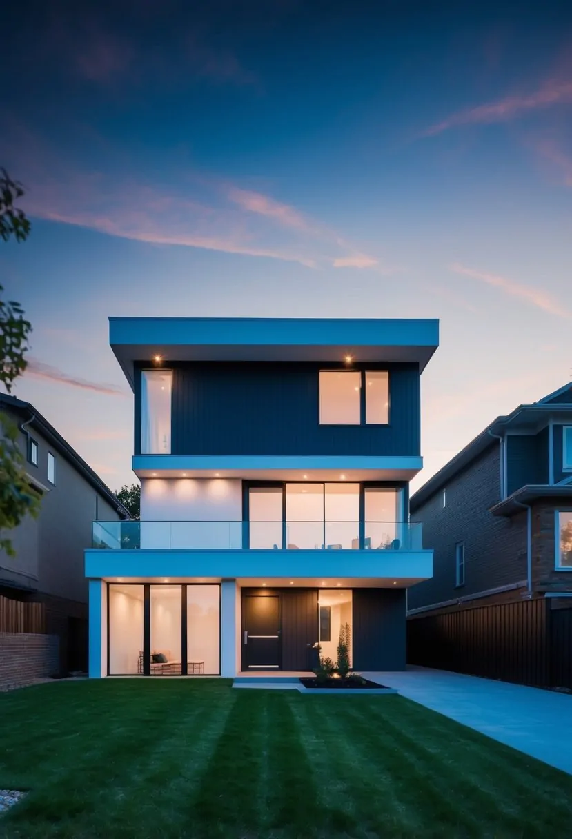 A split-level house with modern exterior lighting at dusk