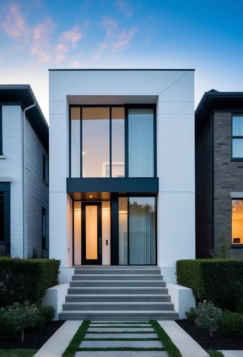A sleek, angular front entry addition with clean lines and large windows modernizes the split-level exterior