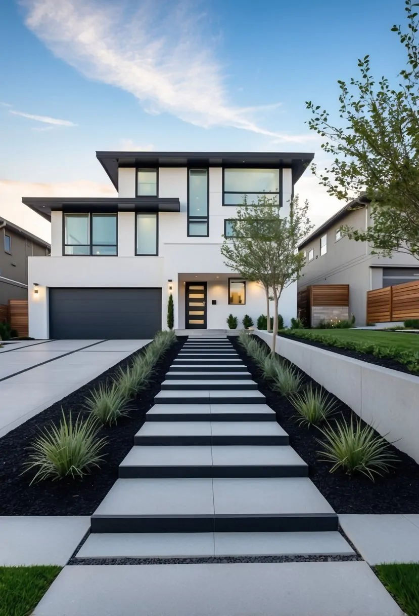 A split-level home with modern landscaping featuring clean lines, minimalistic plantings, and a sleek walkway leading to the front entrance